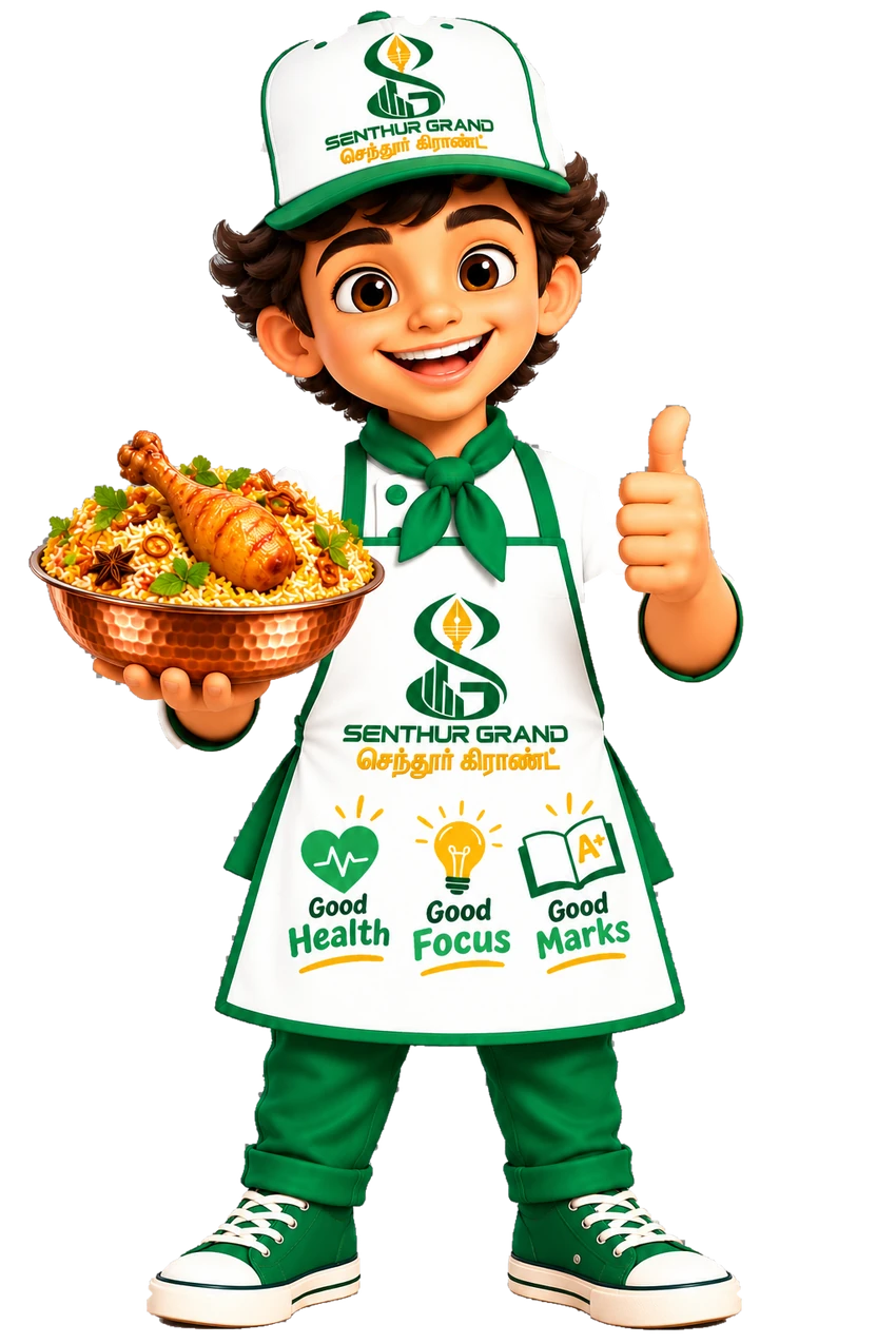 Senthur Grand mascot presenting biriyani with a thumbs-up